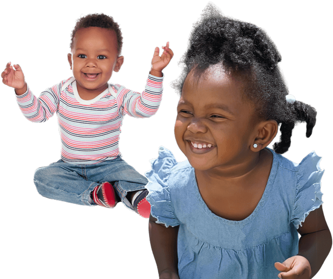 Two happy children are shown, one smiling widely and the other playing, against a soft blue background.